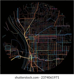 Map of St-Joseph, Missouri with all major and minor roads, railways and waterways. Colorful line art on black background.