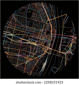 Map of St-Louis, Missouri with all major and minor roads, railways and waterways. Colorful line art on black background.