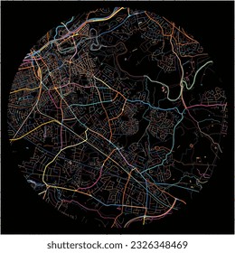 Map of Stockport, North West England with all major and minor roads, railways and waterways. Colorful line art on black background.