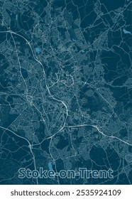 Map of Stoke-on-Trent, England, rendered in a minimalist style. The map features a deep blue background with white lines representing roads and streets. 