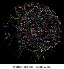 Map of Stourbridge, West Midlands with all major and minor roads, railways and waterways. Colorful line art on black background.