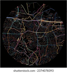 Map of St-Peters, Missouri with all major and minor roads, railways and waterways. Colorful line art on black background.