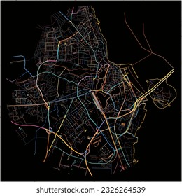 Map of Stralsund, Mecklenburg-Western Pomerania with all major and minor roads, railways and waterways. Colorful line art on black background.