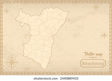 Map of Strasbourg in the old style, brown graphics in retro fantasy style. city in France.