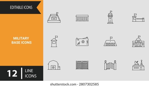 Map strategic defense camps using this military base outline icon set featuring minimalist watchtowers army training barracks and perimeter guard station layouts