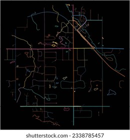Map of StrathconaCounty, Alberta with all major and minor roads, railways and waterways. Colorful line art on black background.