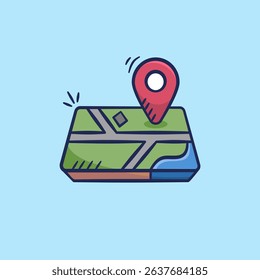 Map street view with pin location hand drawn illustration. Navigation pointer doodle icon in outline flat style vector.