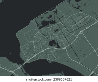 Map of the streets of Almere (Netherlands) made with white lines on dark gray paper. Top flat view.