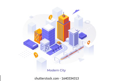 Map with streets, downtown buildings or skyscrapers, railroad and location marks. Concept of modern city solutions, urban planning and development, navigation service. Isometric vector illustration.