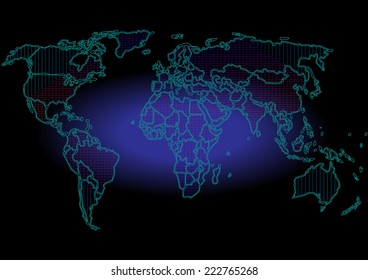 Map stripes background,Abstract computer graphic World map of blue round dots. Vector illustration.