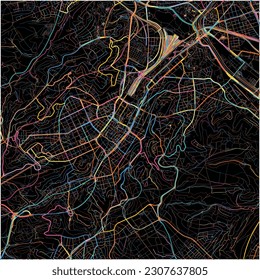 Map of Stuttgart, Baden-Wuerttemberg with all major and minor roads, railways and waterways. Colorful line art on black background.