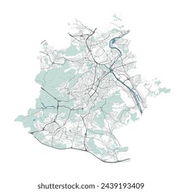 Map of Stuttgart, Germany. Detailed city vector map, metropolitan area with border. Streetmap with roads and water.