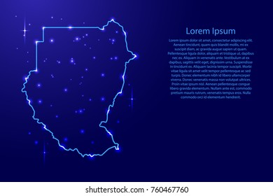 Map Sudan from the contours network blue, luminous space stars for banner, poster, greeting card, of vector illustration