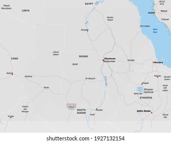 Map of Sudan. Map is drawn in high detail and for clarity shows only major cities Khartoum. Country is drawn with neighboring countries.