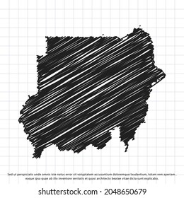 Mapa de Sudán de mano alzada dibujando una hoja de ejercicios. Ilustración vectorial.