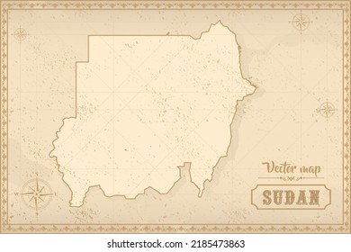 Mapa de Sudán en el viejo estilo, gráficos marrones en estilo retro de fantasía