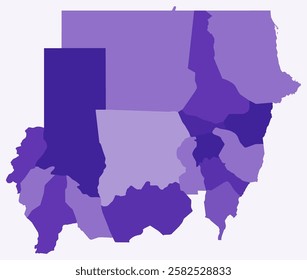 Map of Sudan with regions. Just a simple country border map with region division. Deep purple color palette. Blank Sudan shape with administrative division. Vector illustration.