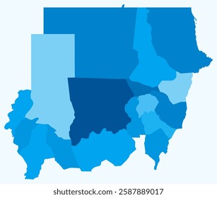 Map of Sudan with regions. Just a simple country border map with region division. Light blue color palette. Plain Sudan shape with administrative division. Vector illustration.