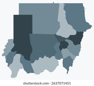 Map of Sudan with regions. Just a simple country border map with region division. Blue grey color palette. Blank Sudan shape with administrative division. Vector illustration.