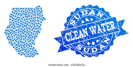 Map of Sudan vector mosaic and clean water grunge stamp. Map of Sudan formed with blue aqua dews. Seal with unclean rubber texture for clean drinking water.