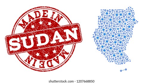 Map of Sudan vector mosaic and Made In grunge stamp. Map of Sudan created with blue cog links. Made in red seal with grunge rubber texture.