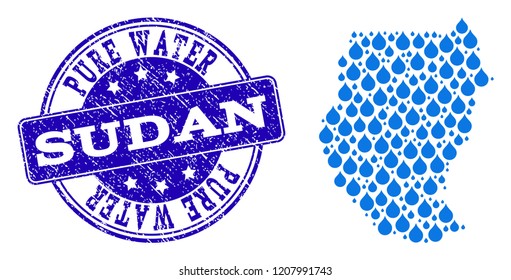 Map of Sudan vector mosaic and Pure Water grunge stamp. Map of Sudan formed with blue water tears. Seal with retro rubber texture for pure drinking water.