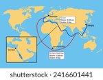 Map of the Suez Canal and the distance benefits to the shipping routes