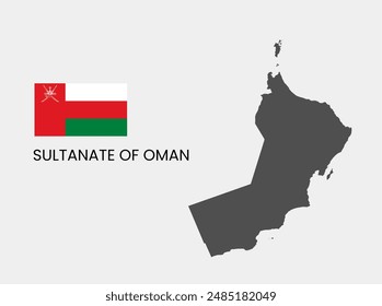 Map of the Sultanate of Oman with National Flag Featuring Khanjar and Two Crossed Swords Emblem, Highlighting Red, White, and Green Stripes
