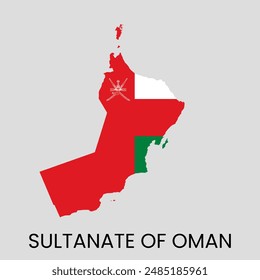 Map of the Sultanate of Oman with Superimposed National Flag Featuring Khanjar and Two Crossed Swords Emblem, Highlighting Red, White, and Green Colors