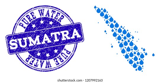 Map of Sumatra Island vector mosaic and Pure Water grunge stamp. Map of Sumatra Island formed with blue water raindrops. Seal with scratched rubber texture for pure drinking water.