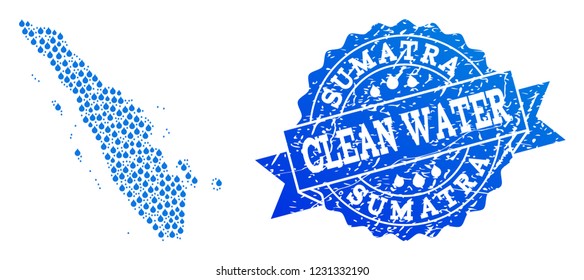 Map of Sumatra Island vector mosaic and clean water grunge stamp. Map of Sumatra Island designed with blue water tears. Seal with corroded rubber texture for clean drinking water.