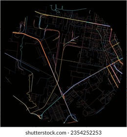 Map of Sumqayit with all major and minor roads, railways and waterways. Colorful line art on black background.