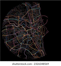 Map of Sunderland, North East England with all major and minor roads, railways and waterways. Colorful line art on black background.