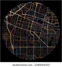 Map of Sunnyvale, California with all major and minor roads, railways and waterways. Colorful line art on black background.
