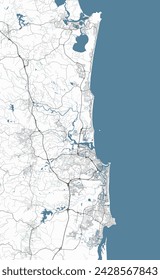 Map of Sunshine Coast, Australia. Detailed city vector map, metropolitan area. Streetmap with roads and water.