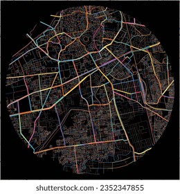 Map of Surat, Gujarat with all major and minor roads, railways and waterways. Colorful line art on black background.