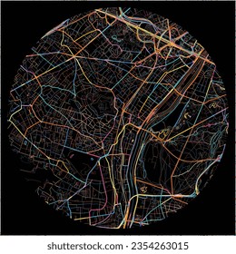 Map of Suresnes, Hauts-de-Seine with all major and minor roads, railways and waterways. Colorful line art on black background.