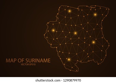 Map of Suriname - Abstract mash line and point scales on dark background. 3D mesh polygonal network connections.Vector illustration eps 10. 