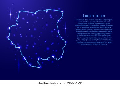 Map Suriname from the contours network blue, luminous space stars for banner, poster, greeting card, of vector illustration