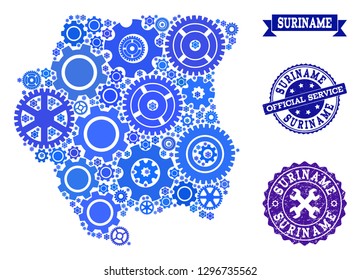 Map of Suriname designed with blue wheel items, and isolated scratched stamps for official repair services. Vector abstract mosaic of map of Suriname with repair symbols in blue color tinges.