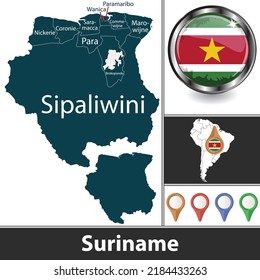 Mapa de Surinam con distritos y ubicación en el mapa sudamericano. Imagen del vector