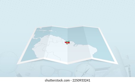 Map of Suriname with the flag of Suriname in the contour of the map on a trip abstract backdrop. Travel illustration.
