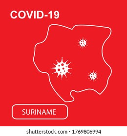 Map of Suriname labeled "COVID-19". White outline map on a red background. Vector illustration of a virus, coronavirus, epidemiology.