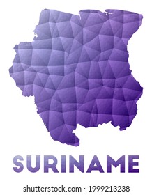 Map of Suriname. Low poly illustration of the country. Purple geometric design. Polygonal vector illustration.