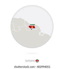 Map of Suriname and national flag in a circle. Suriname map contour with flag. Vector Illustration.