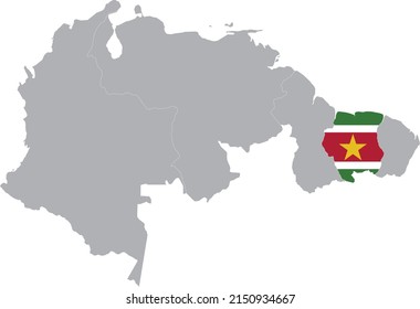 Map of Suriname with national flag within the gray map of the northern region of South America