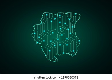 Map of Suriname, network line, design sphere, dot and structure on dark background with Map Suriname, Circuit board. Vector illustration. Eps 10