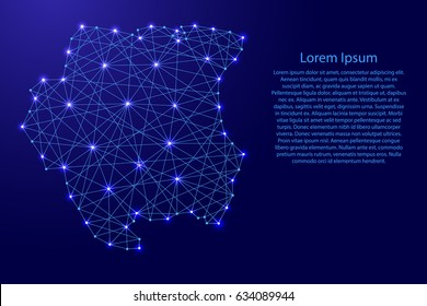 Map of Suriname from polygonal blue lines and glowing stars vector illustration