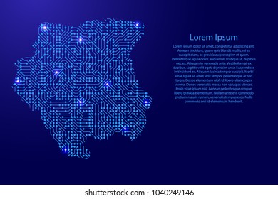 Map Suriname from printed board, chip and radio component with blue star space on the contour for banner, poster, greeting card, of vector illustration.