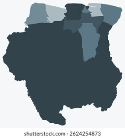 Mapa do Suriname com regiões. Apenas um simples mapa de fronteira de país com divisão de região. Paleta de cores cinza azul. Forma plana de Suriname com divisão administrativa. Ilustração vetorial.